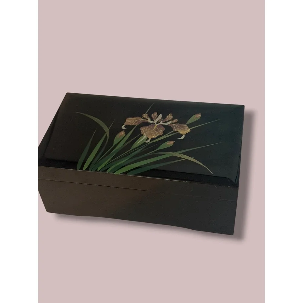 San Francisco Music Box Co Black Lacquer Iris Jewelry Box Lara's Theme Vintage